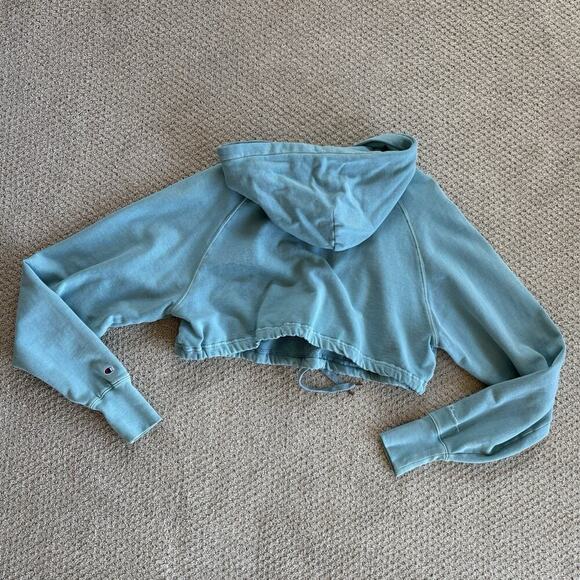 Champion Cropped Hoodie Women M Vintage Blue Reverse Weave Pullover Cinch Waist - Picture 11 of 11